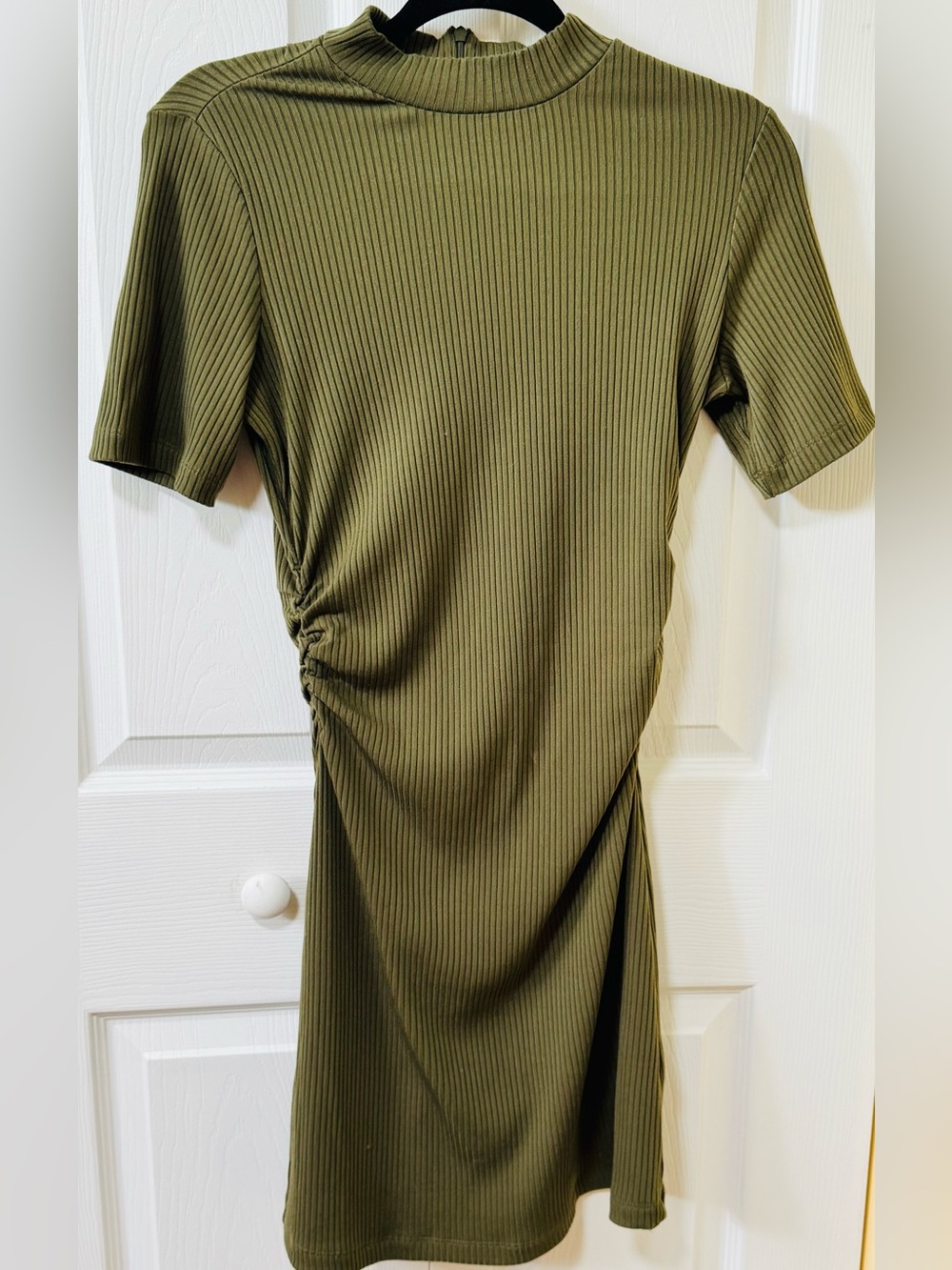 Dynamite Olive Ribbed Side-Ruched Midi Dress